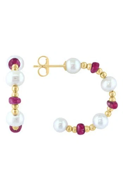 Effy 14k Yellow Gold 3.5–4.5mm Freshwater Pearl & Sapphire Beaded Hoop Earrings In Multi