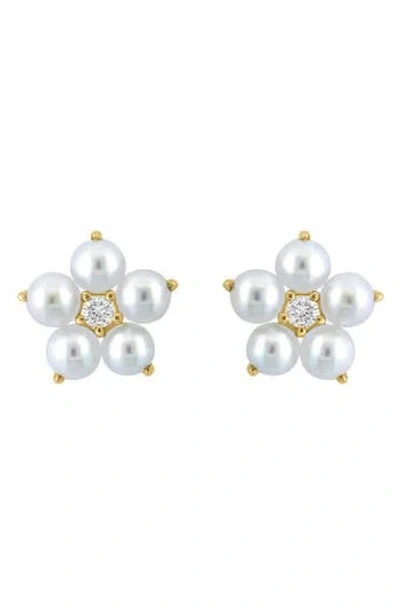 Effy 14k Yellow Gold 3mm Freshwater Pearl & Diamond Flower Stud Earrings