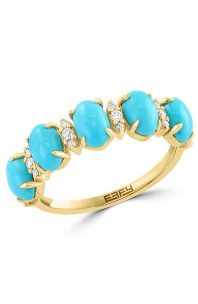 Effy 14k Yellow Gold Alternating Diamond & Turquoise Cabochon Band Ring
