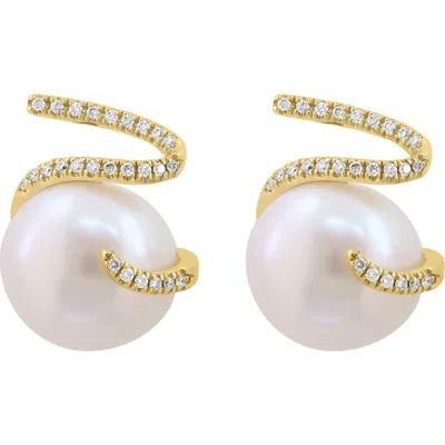 Effy 14k Yellow Gold Baroque Freshwater Pearl & Diamond Ribbon Stud Earrings In Gray