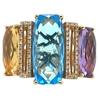 Pre-owned Effy 14k Yellow Gold Blue Topaz Amethyst Citrine And Diamond Statement Ring