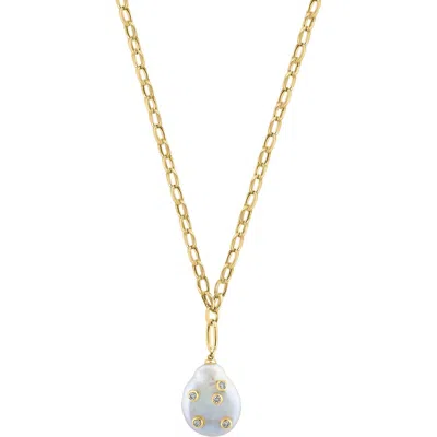Effy 14k Yellow Gold Diamond & Baroque Freshwater Pearl Drop Pendant Necklace In Red