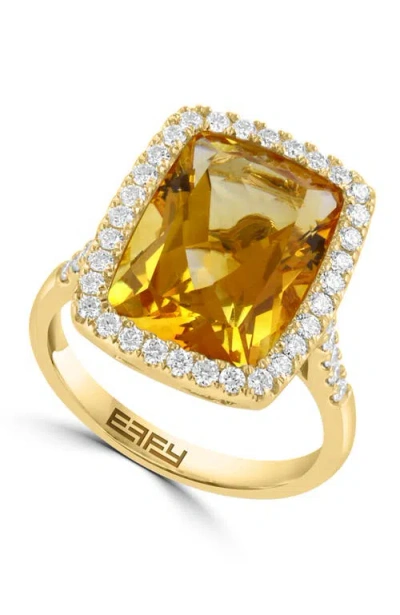 Effy 14k Yellow Gold Diamond & Citrine Cushion- Cut Halo Cocktail Ring