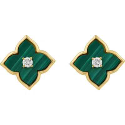 Effy 14k Yellow Gold Diamond & Malachite Motif Stud Earrings In Green