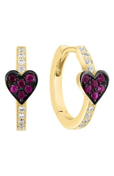 Effy 14k Yellow Gold Diamond & Ruby Heart Hoop Earrings