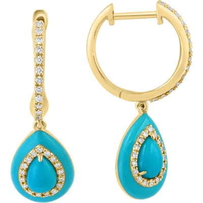 Effy 14k Yellow Gold Diamond & Turquoise Teardrop Huggie Hoop Earrings