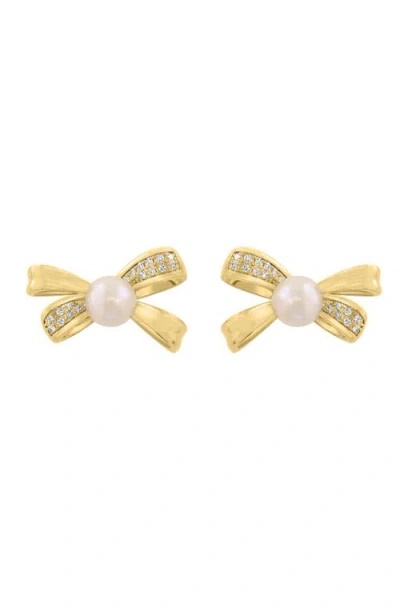 Effy 14k Yellow Gold Diamond Fresh Water Pearl Bow Earrings In White