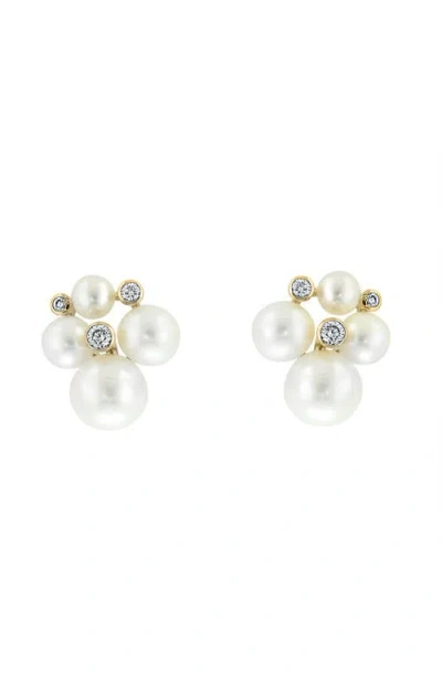 Effy 14k Yellow Gold Diamond Fresh Water Pearl Cluster Earrings In Metallic