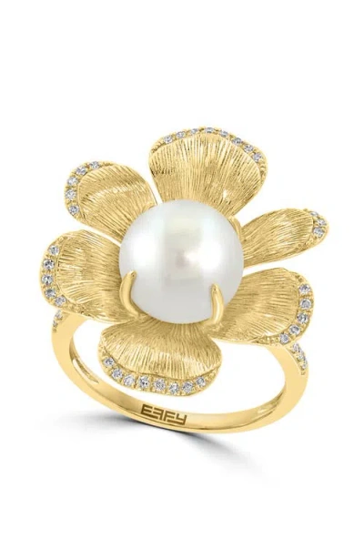 Effy 14k Yellow Gold Diamond Fresh Water Pearl Large Flower Ring