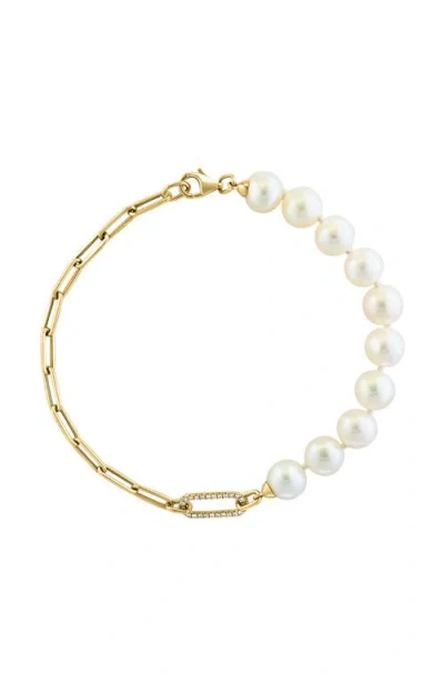 Effy 14k Yellow Gold Diamond Fresh Water Pearl Paperclip Chain Bracelet