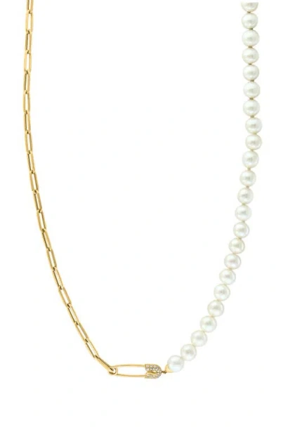 Effy 14k Yellow Gold Diamond Fresh Water Pearl Paperclip Link Necklace