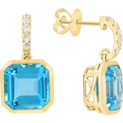 Effy 14k Yellow Gold Diamond J-huggie With Blue Topaz Drop Earrings