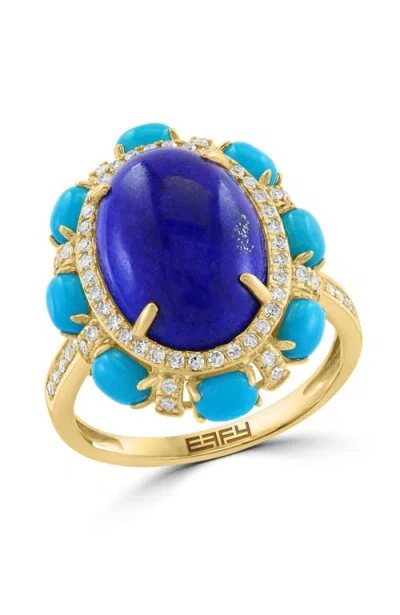 Effy 14k Yellow Gold Diamond Lapis Lazuli Turquoise Vintage Floral Ring In Blue