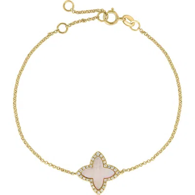 Effy 14k Yellow Gold Diamond,mother Of Pearl Clover Bracelet