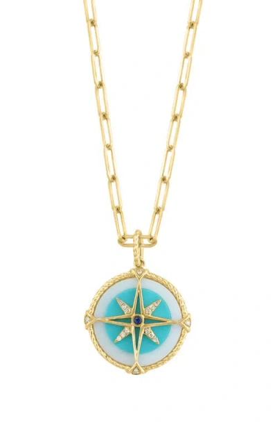 Effy 14k Yellow Gold Diamond,white Agate,sapphire,turquoise Pendant