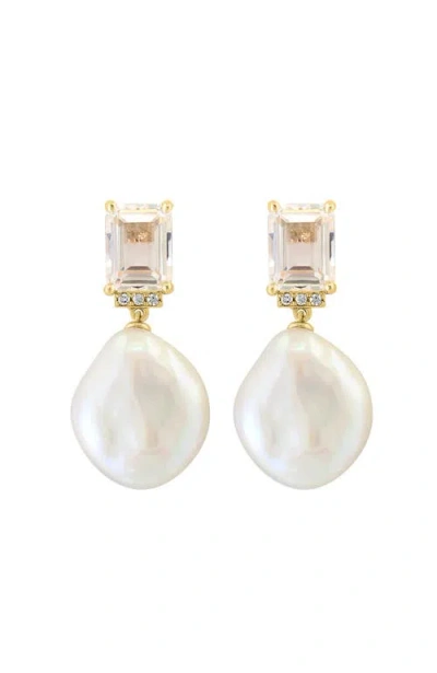 Effy 14k Yellow Gold Diamond,white Topaz,fresh Water Pearl Earrings