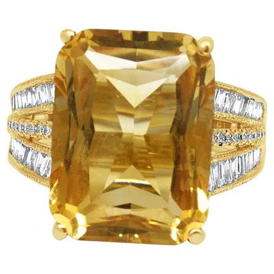 Pre-owned Effy 14k Yellow Gold Emerald Cut Citrine And Diamond Split Shank Ring