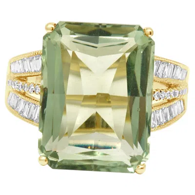 Pre-owned Effy 14k Yellow Gold Emerald Cut Praisiolite And Diamond Split Shank Ring