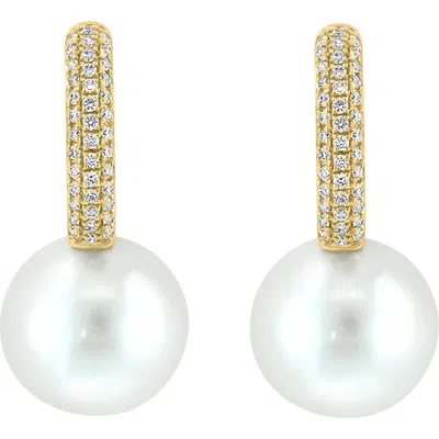 Effy 14k Yellow Gold Fresh Water Pearl Drop Diamond Huggie Earrings