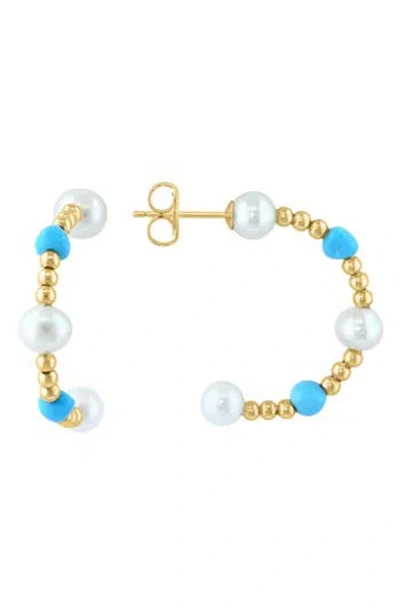 Effy 14k Yellow Gold Freshwater Pearl & Turquoise Beaded Hoop Earrings In Multi