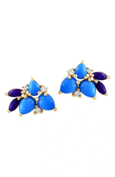 Effy 14k Yellow Gold Lapis Lazui, Turquoise & Diamond Cluster Stud Earrings In Blue