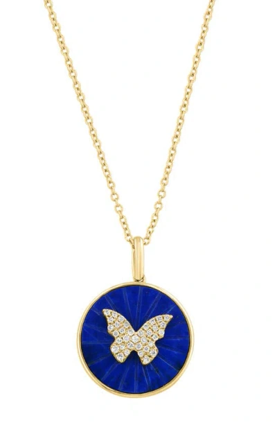 Effy 14k Yellow Gold Lapis Lazuli & Diamond Butterfly Disc Pendant Necklace In Blue