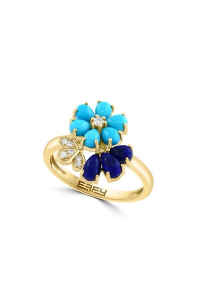 Effy 14k Yellow Gold Lapis Lazuli, Turquoise & Diamond Flower Ring In Blue