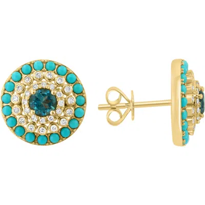 Effy 14k Yellow Gold London Blue Topaz, Turquoise And Diamond Stud Earrings