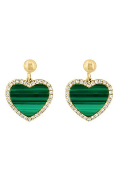 Effy 14k Yellow Gold, Malachite & Diamond Heart Earrings In Green