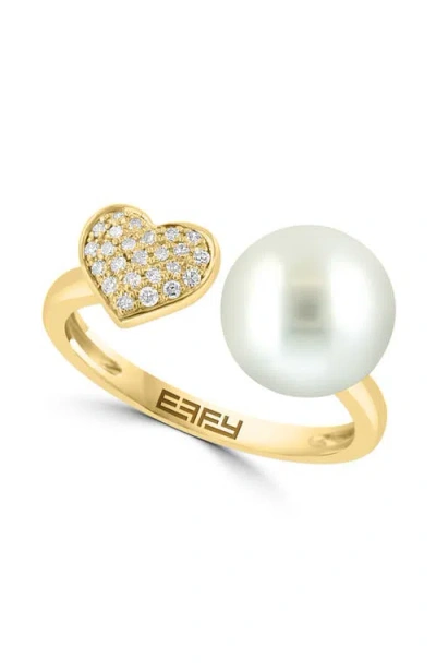 Effy 14k Yellow Gold Pavé Diamond Heart And Fresh Water Pearl Ring