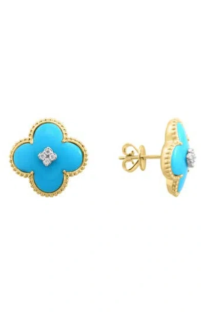Effy 14k Yellow Gold Turquoise & Diamond Flower Stud Earrings In Blue