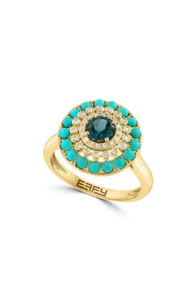 Effy 14k Yellow Gold Turquoise, Diamond And London Blue Topaz Sunray Ring In Gold/blue