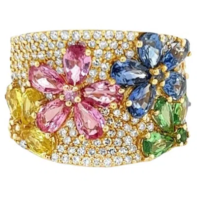 Pre-owned Effy 14k Yellow Gold Watercolors Gems & Diamond Ring Size 5.5