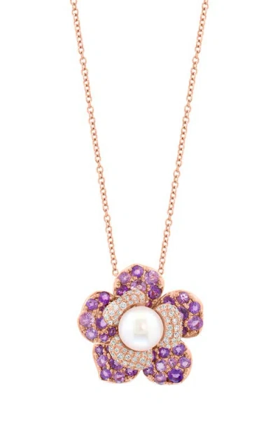 Effy 14kr Diamond,amethyst,fresh Water Pearl Pendant In Pink