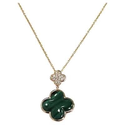 Pre-owned Effy 18kt Yellow Gold Malachite & Diamond Clover Necklace