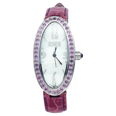 Pre-owned Effy Amethysts Pave Dial Luxury Swiss Quartz Exotic Leather Band Watch In Purple