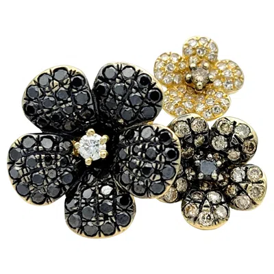 Pre-owned Effy Black, Brown & White Pavé Diamond Flower Cocktail Ring 14 Karat Yellow Gol