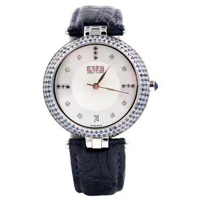 Pre-owned Effy Blue Sapphire & Diamond Pave Dial Luxury Swiss Quartz Exotic Leather Band Watch