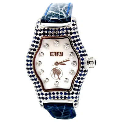 Pre-owned Effy Blue Sapphire & Diamonds Pave Dial Luxury Swiss Quartz Exotic Leather Band Watch