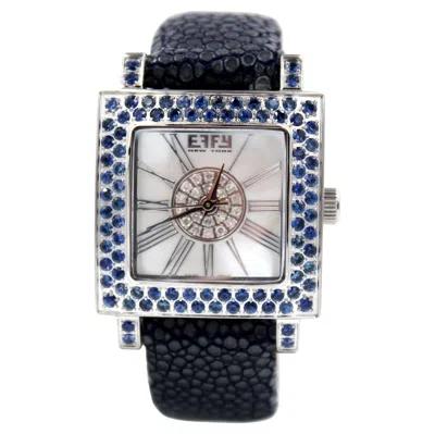 Pre-owned Effy Blue Sapphire & Diamonds Pave Dial Luxury Swiss Quartz Exotic Leather Watch