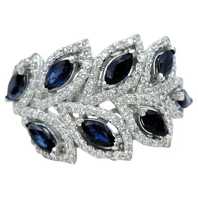 Pre-owned Effy Blue Sapphire And Pavé Diamond Leaf Motif Band Ring In 14 Karat White Gold