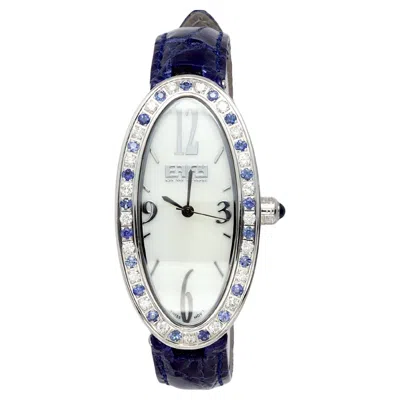 Pre-owned Effy Blue Sapphire Diamonds Pave Dial Luxury Swiss Quartz Exotic Leather Band Watch