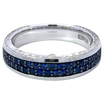 Pre-owned Effy Blue Sapphire Pave Set Mens Band 14k White Gold