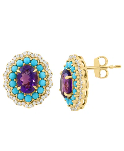 Effy Collection Amethyst (2-2/5 Ct. T.w.), Turquoise (2mm) & Diamond (1/3 Ct. T.w.) Stud Earrings In 14k Yellow Gold In Multi