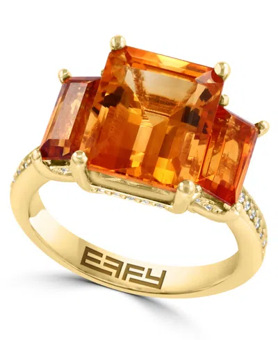 Effy Collection Citrine Three Stone Emerald Cut Ring (7-1/3 Ct. T.w. Citrine, 1/4 Ct. T.w. Diamond) In 14k Yellow Go In Yellow Gold