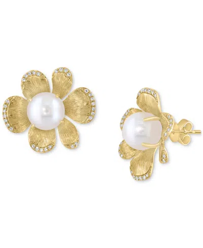 Effy Collection Cultured Freshwater Pearl (8.5mm) & Diamond Flower Earrings (1/5 Ct. T.w.) In 14k Yellow Gold