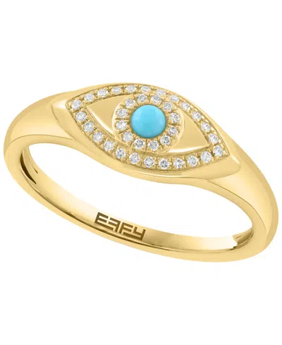 Effy Collection Diamond (1/10 Ct. T.w.) And Turquoise Ring In 14k Yellow Gold