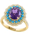 Effy Collection Diamond (1/3 Ct. T.w.), Amethyst (2-1/2 Ct .t.w.), And Turquoise Ring In 14k Yellow Gold In Multi