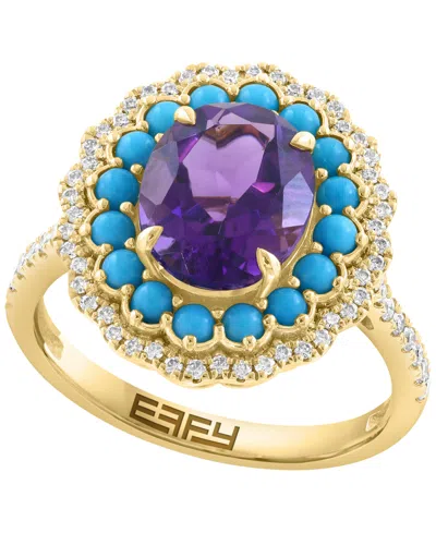 Effy Collection Diamond (1/3 Ct. T.w.), Amethyst (2-1/2 Ct .t.w.), And Turquoise Ring In 14k Yellow Gold In Multi