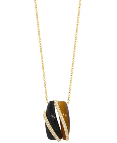 Effy Collection Diamond (1/6 Ct. T.w.), Tigers Eye (2 Ct. T.w.) & Onyx Pendant Necklace In 14k Yellow Gold